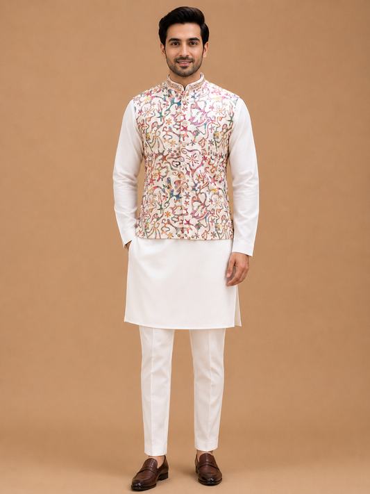 Men's white kurta pajama with multicolor printed Nehru jacket