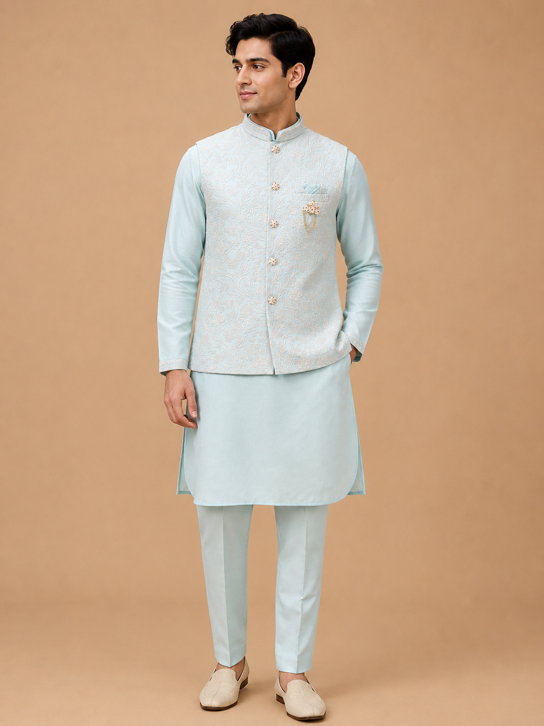 Men's Firozi Kurta Pajama with Embroidered Nehru Jacket | Designer Festive & Wedding Ethnic Wear