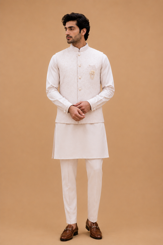 Men's pink kurta pajama with embroidered Nehru jacket