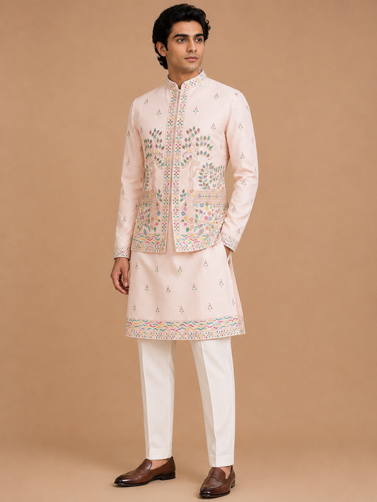 Men's pink kurta pajama with designer embroidered jacket