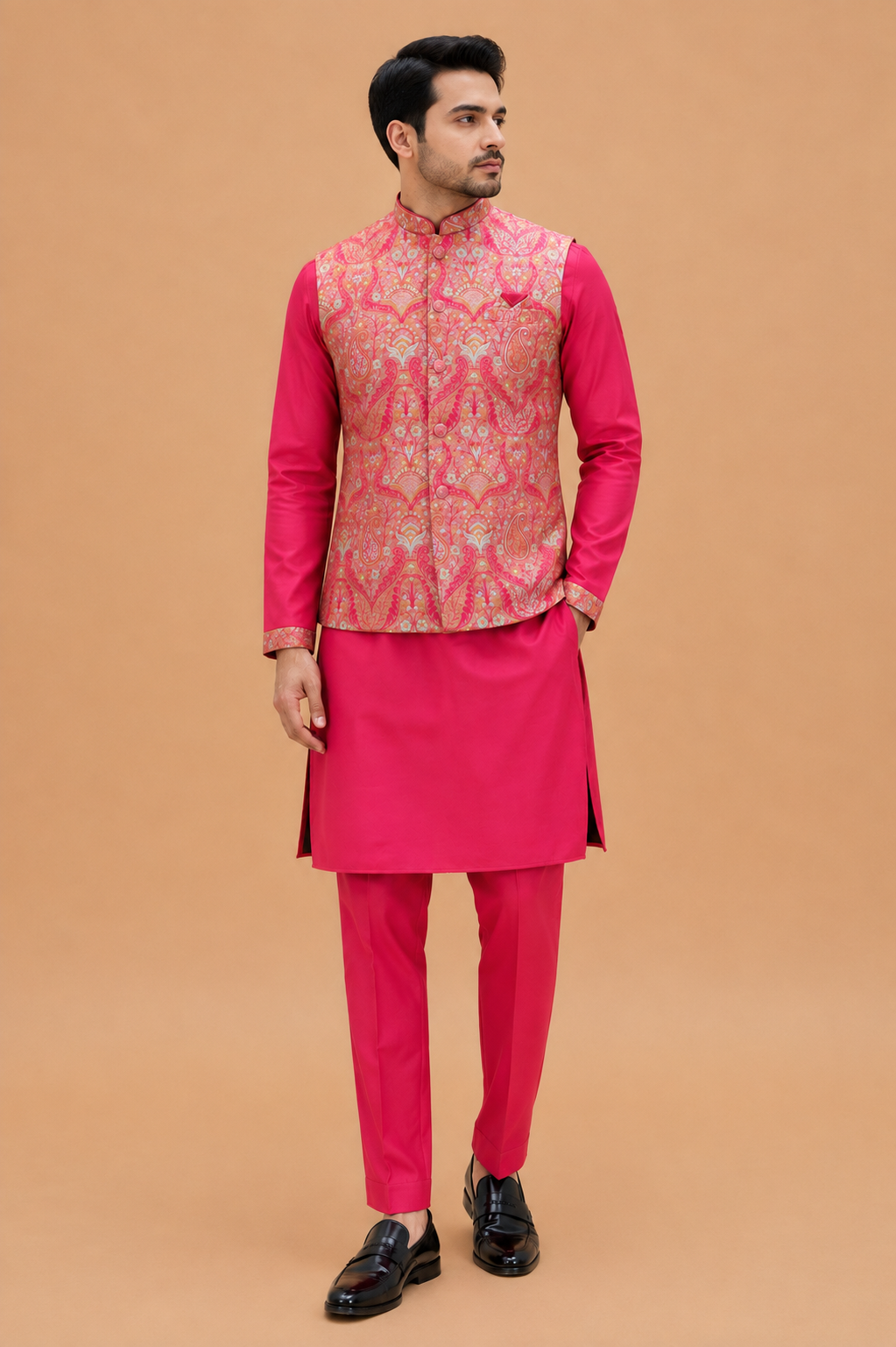 Pink | Kurta Pajama Set with Paisley Printed Nehru Jacket | 1