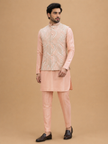 Men's Peach Kurta Pajama with Embroidered Nehru Jacket | Premium Wedding & Festive Ethnic Wear