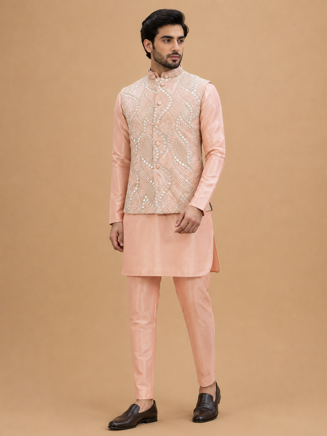 Men's Peach Kurta Pajama with Embroidered Nehru Jacket | Premium Wedding & Festive Ethnic Wear
