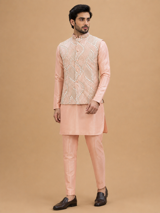 Men's peach kurta pajama with embroidered Nehru jacket