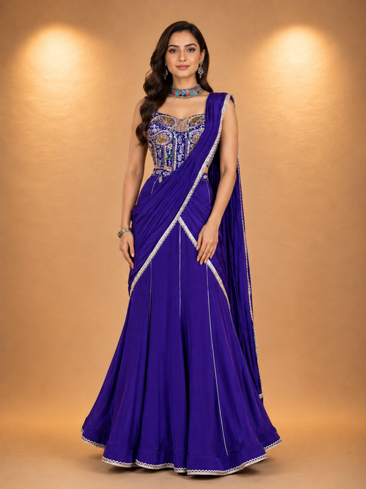 Purple Designer Anarkali Suit with Embroidered Blouse & Draped Dupatta | Festive Wear
