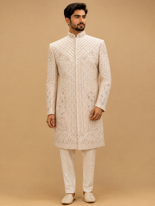 Cream Embroidered Sherwani Set for Men | Luxury Wedding & Festive Wear