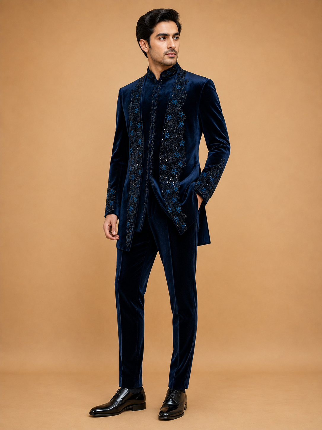 Black Designer Embroidered Velvet Sherwani Suit for Men | Luxury Wedding & Reception Wear