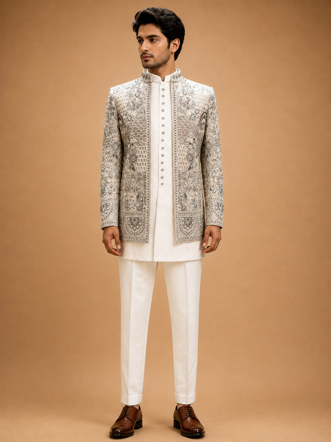 Ivory White Designer Embroidered Sherwani for Men | Luxury Wedding & Reception Wear