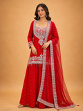 Red embroidered sharara set for women with white detailing and sheer dupatta