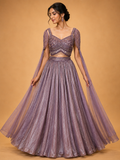 Onion colour embellished designer lehenga set for women with flared skirt and sheer detailing