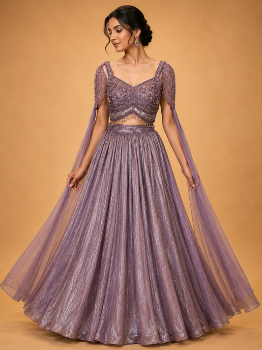 Onion colour embellished designer lehenga set for women with flared skirt and sheer detailing by ASMA Bengaluru - view 1