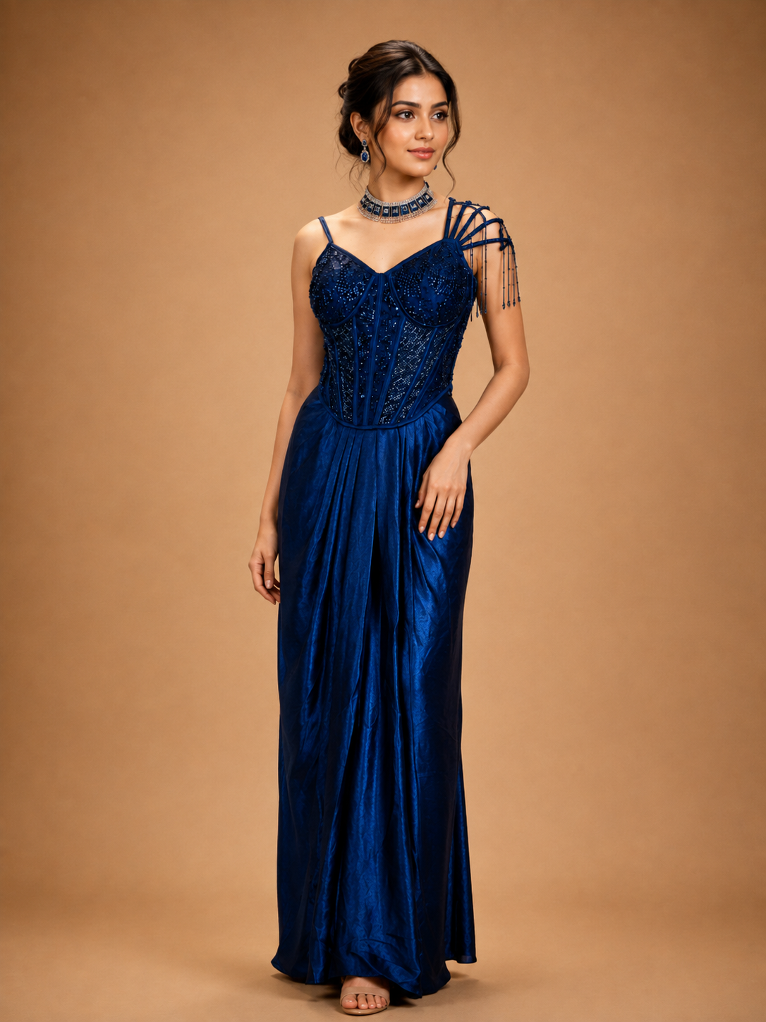 Navy Blue Embellished Gown for Women | Designer Party & Evening Wear