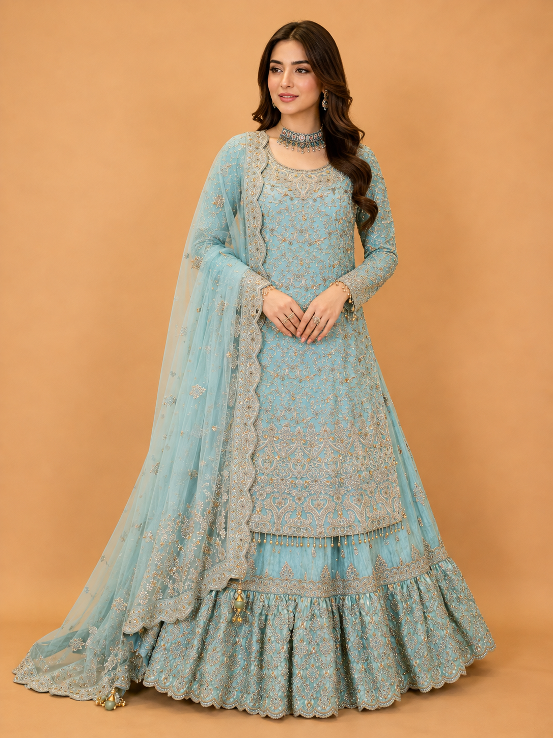 Sky Blue Embroidered Sharara Suit Set for Women | Designer Festive Wear