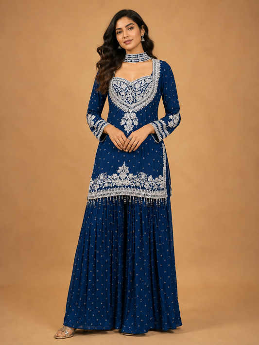 Blue embroidered sharara set for women by ASMA Bengaluru