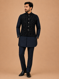 Men's Navy Blue Kurta Pajama with Designer Jacquard Nehru Jacket | Premium Wedding & Festive Ethnic Wear