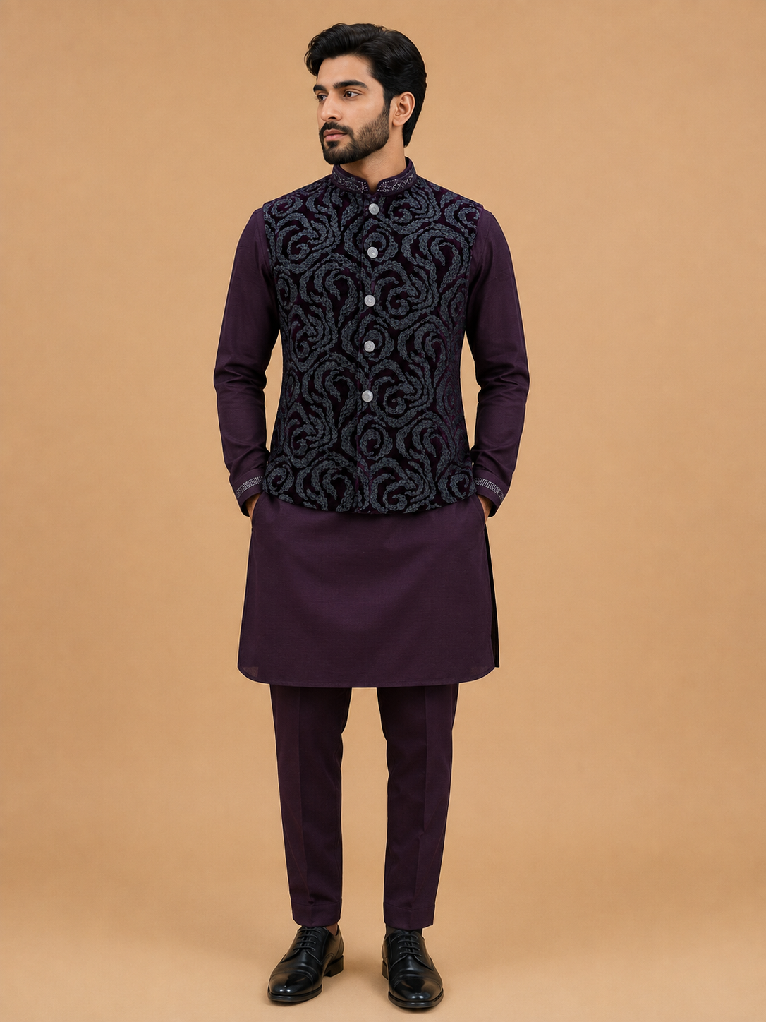 Men's Wine Kurta Pajama with Designer Jacquard Nehru Jacket | Premium Wedding & Festive Ethnic Wear