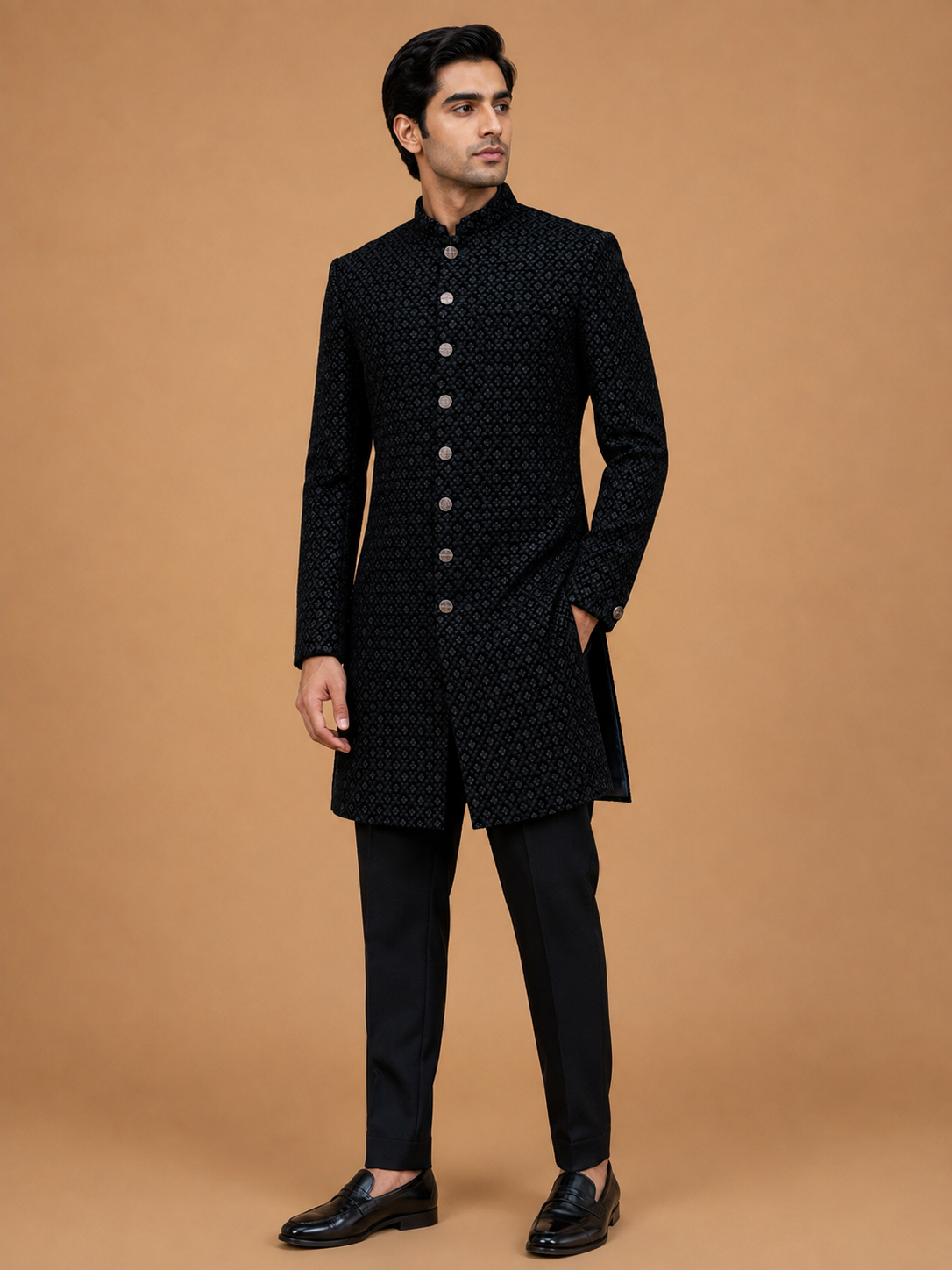 Men's Black Designer Sherwani | Premium Jacquard Wedding Sherwani for Groom & Festive Occasions