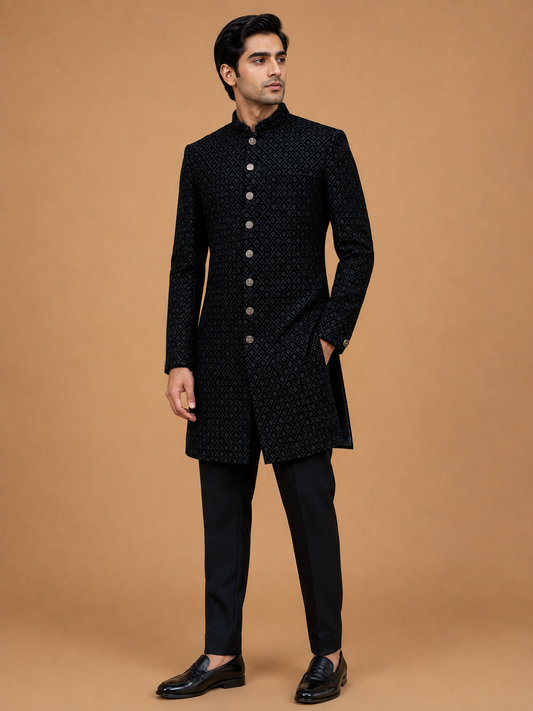 Men's black designer jacquard wedding sherwani