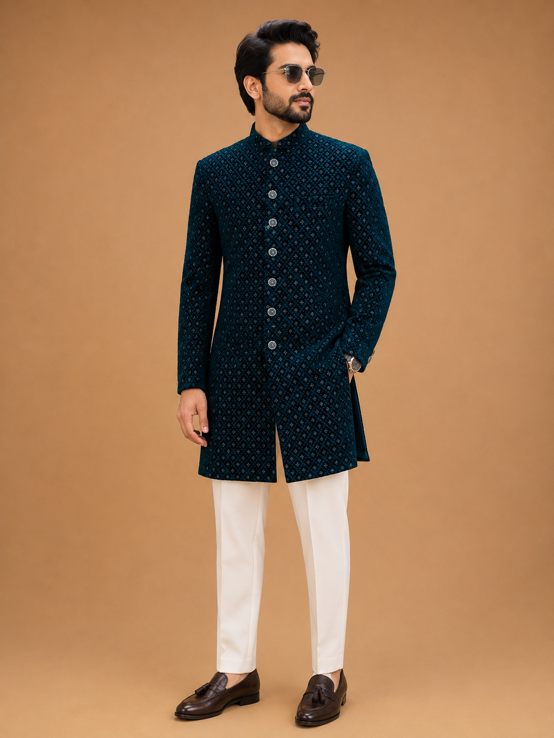 Men's Teal Designer Sherwani | Premium Jacquard Wedding Sherwani for Groom & Festive Wear