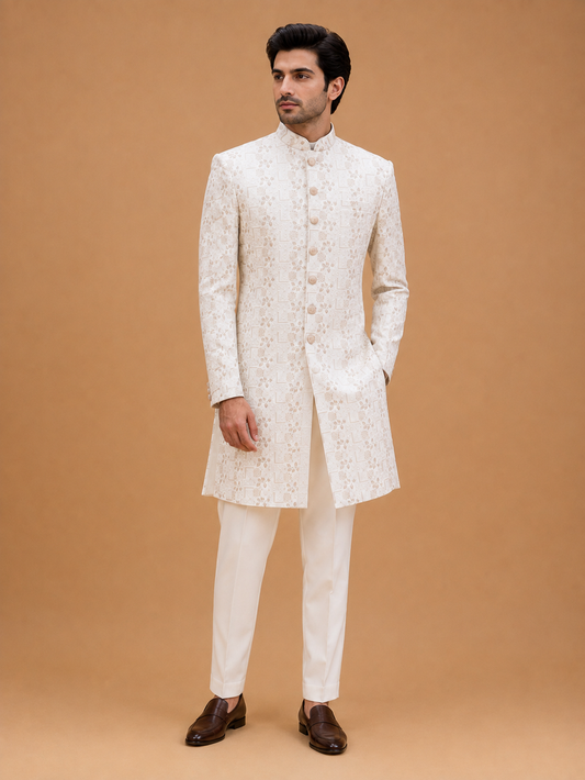 Men's cream designer jacquard wedding sherwani