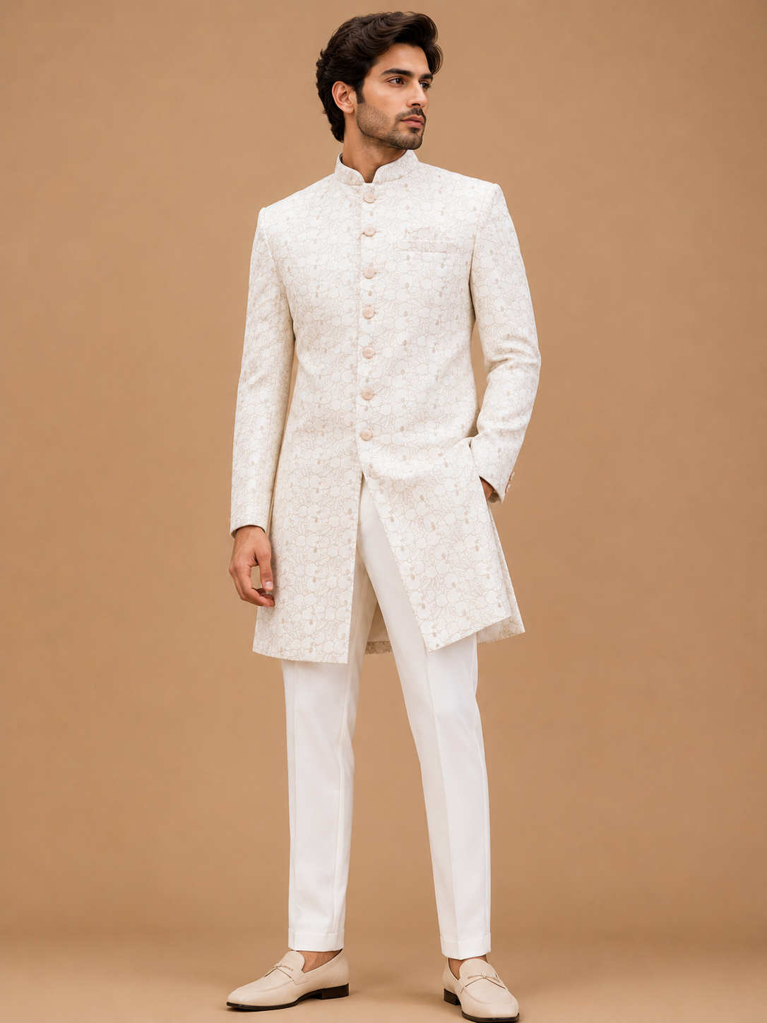 Men's Cream Floral Jacquard Sherwani | Premium Wedding Sherwani for Groom & Reception Wear