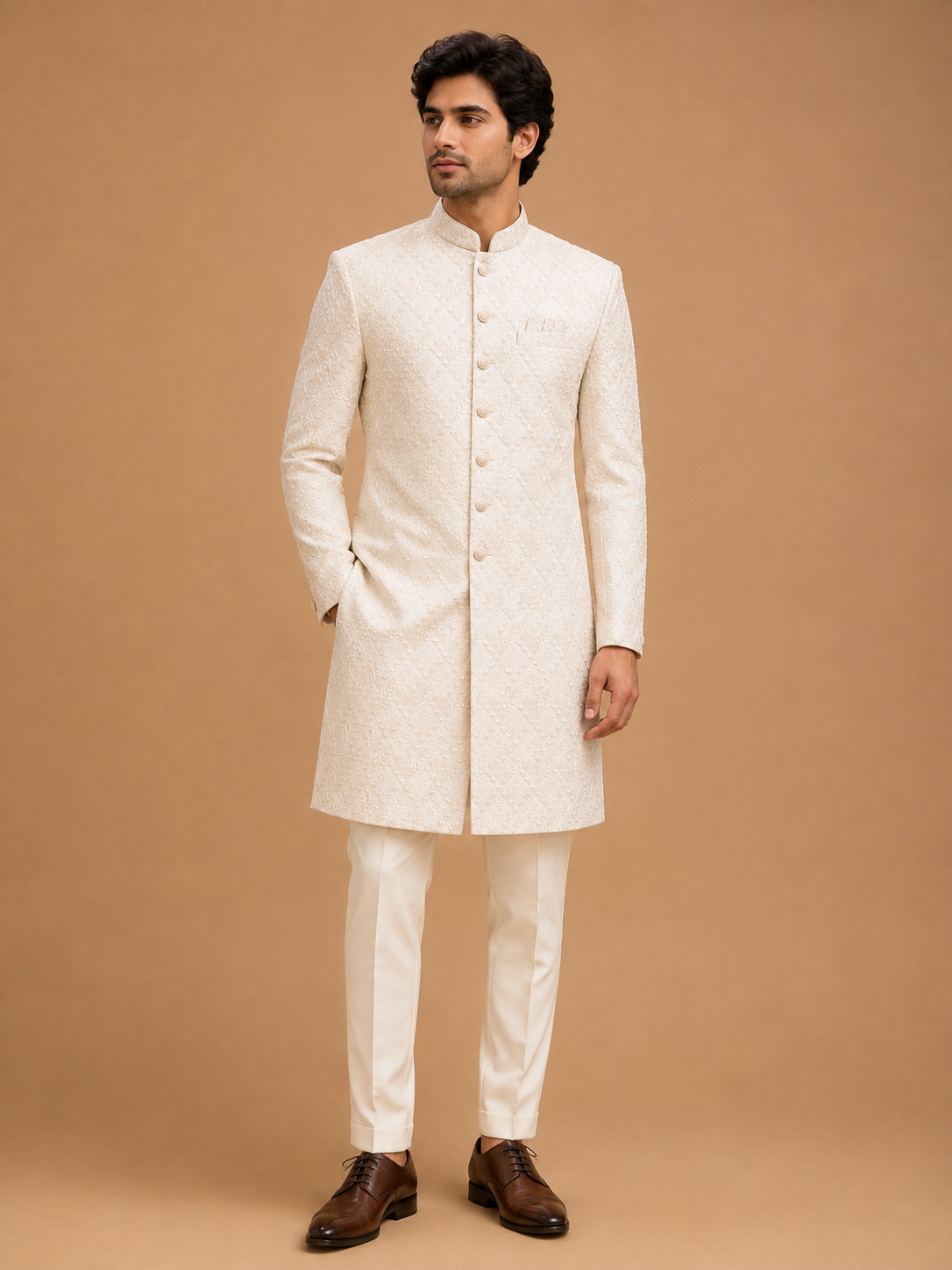 Men's Gold Designer Sherwani | Premium Jacquard Wedding Sherwani for Groom & Reception Wear