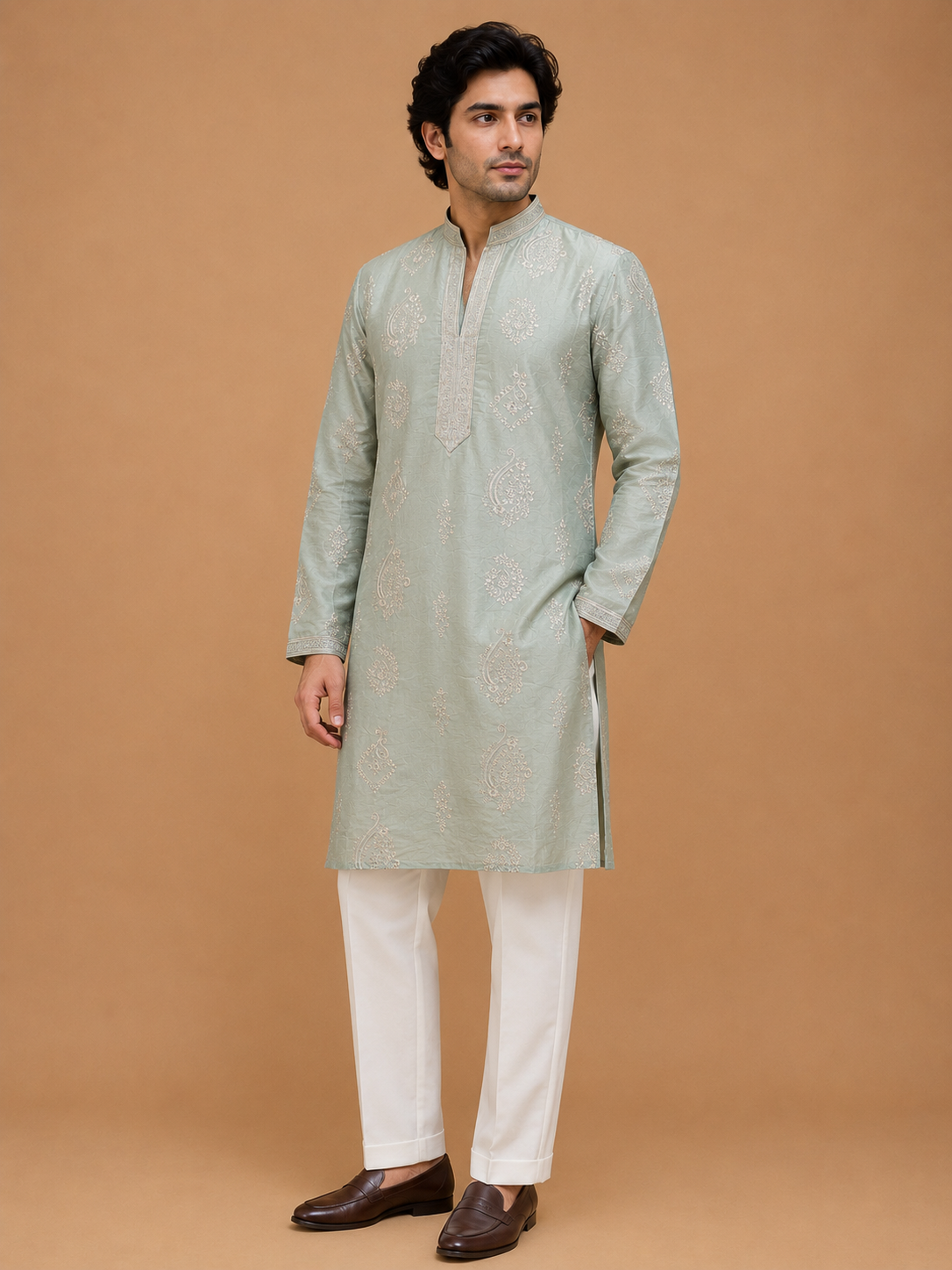 Men's Pista Green Embroidered Kurta Set | Premium Designer Ethnic Kurta for Wedding & Festive Wear
