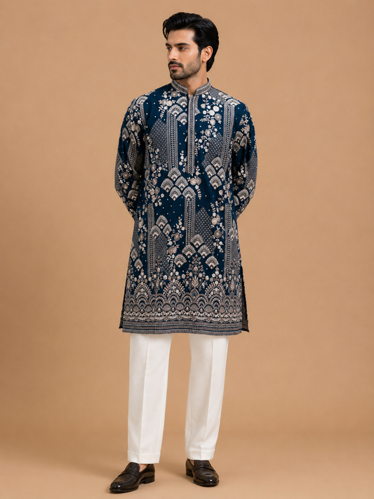 Men's teal embroidered kurta set
