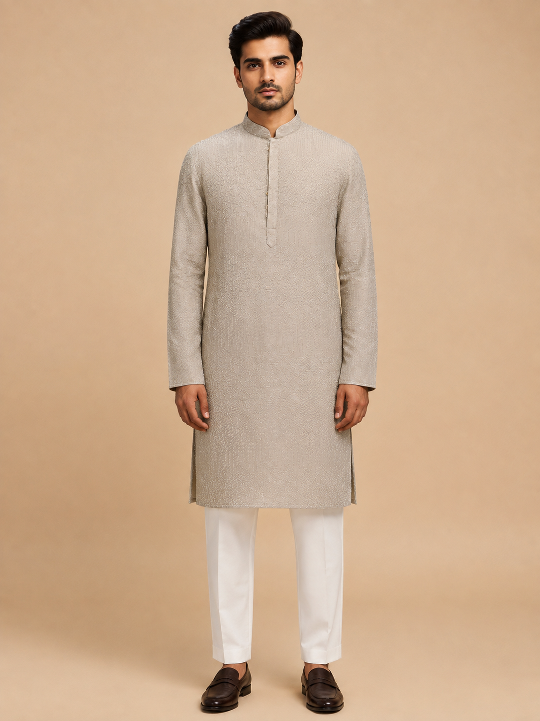 Men’s Brown Embroidered Kurta with White Trouser | Premium Ethnic Wear for Weddings & Festive Occasions