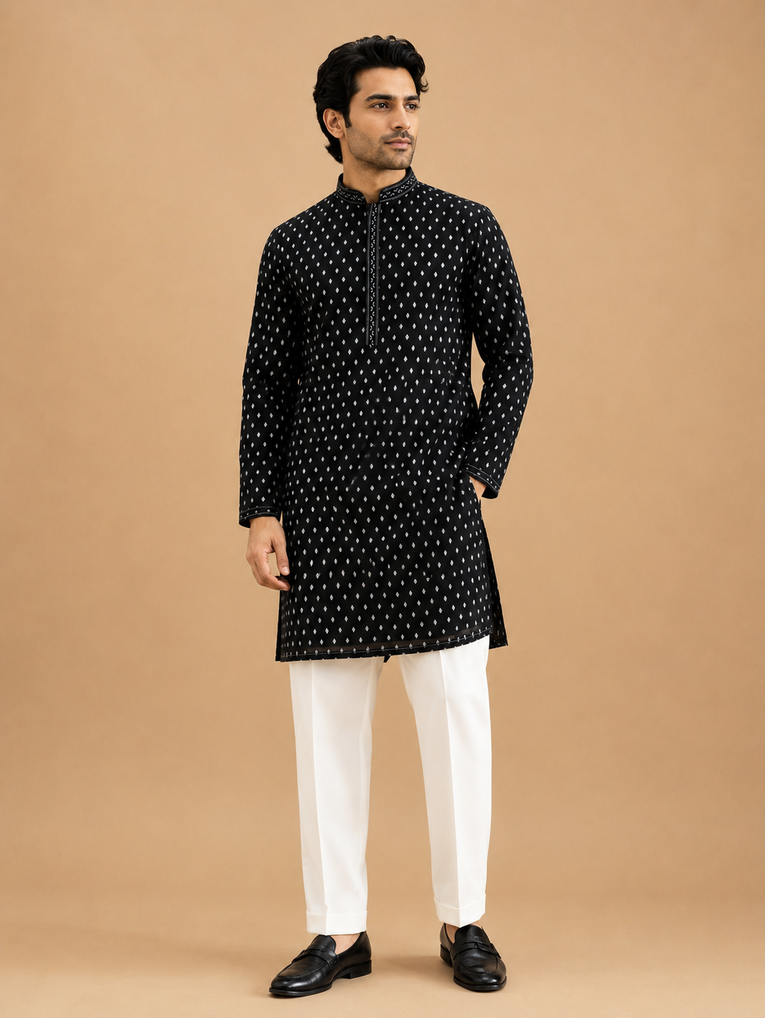 Men’s Black Printed Kurta with White Trousers | Elegant Festive Ethnic Wear