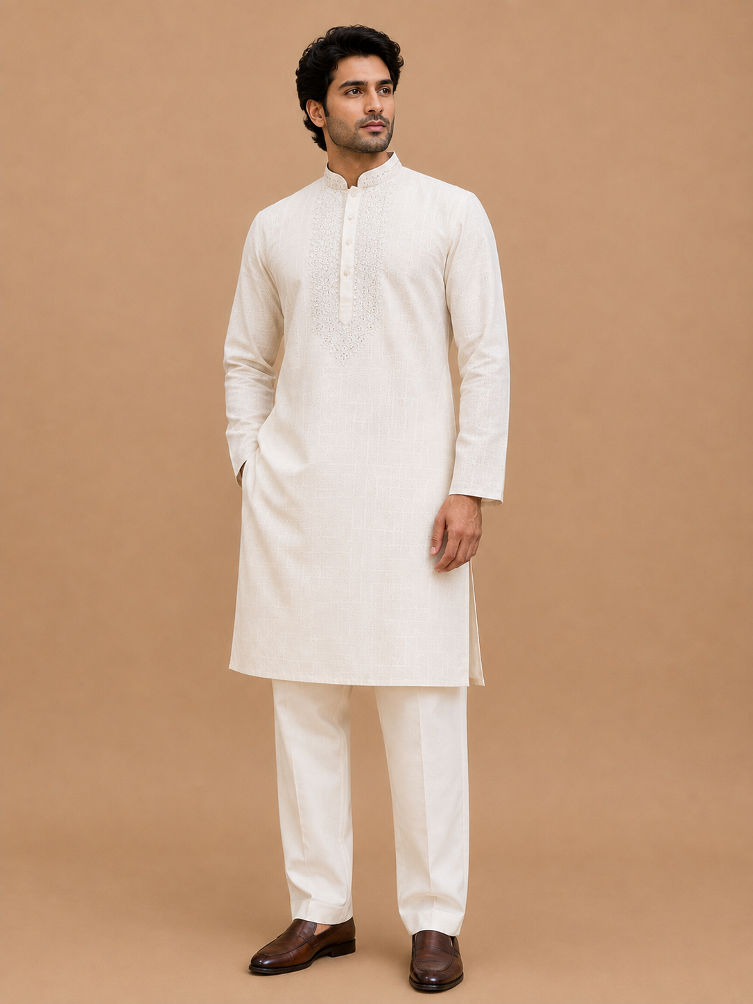 Men’s Gold Embroidered Kurta with White Trousers | Elegant Festive Ethnic Wear
