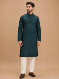 Men’s Green Printed Kurta with White Trousers | Elegant Festive Ethnic Wear