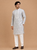 Men’s Grey Embroidered Kurta with White Trousers | Elegant Festive Ethnic Wear