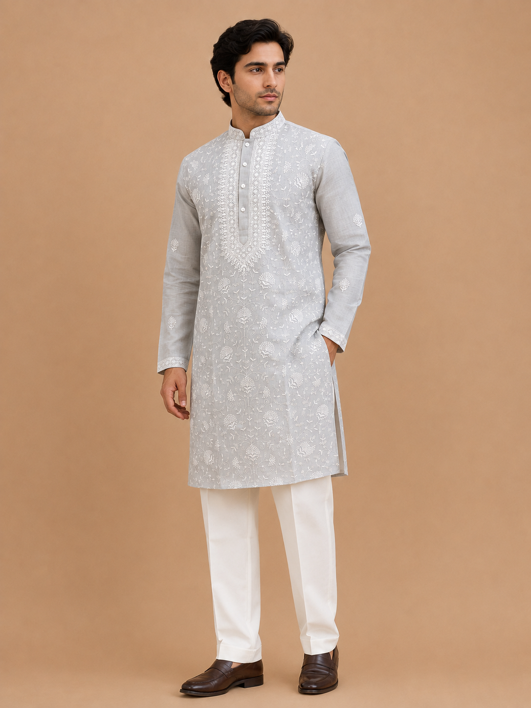 Men’s Grey Embroidered Kurta with White Trousers | Elegant Festive Ethnic Wear