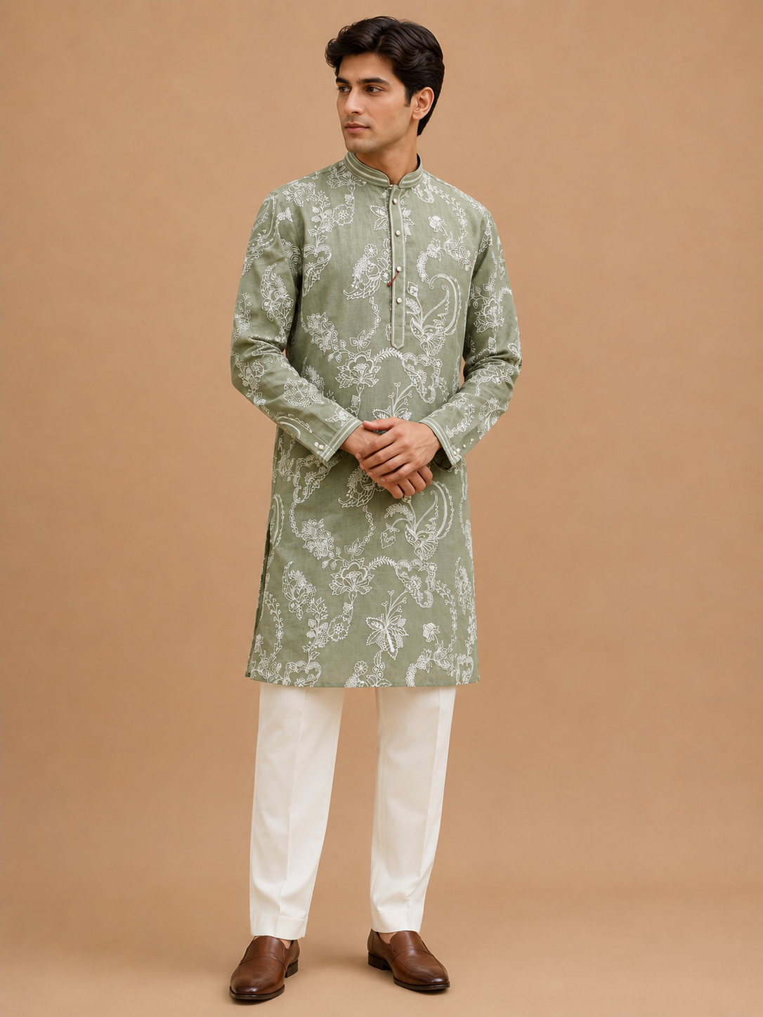 Men’s Pista Green Embroidered Kurta with White Trousers | Elegant Festive Ethnic Wear