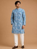 Men’s Sky Blue Printed Kurta with White Trousers | Elegant Festive Ethnic Wear