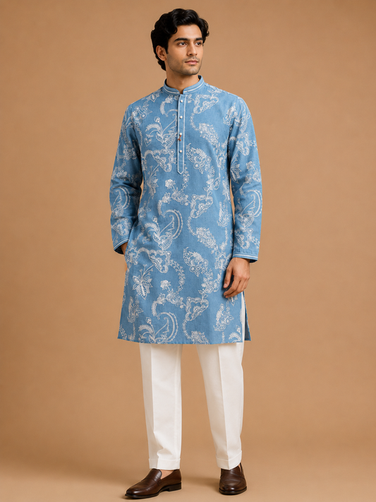 Men's sky blue printed kurta with white trousers