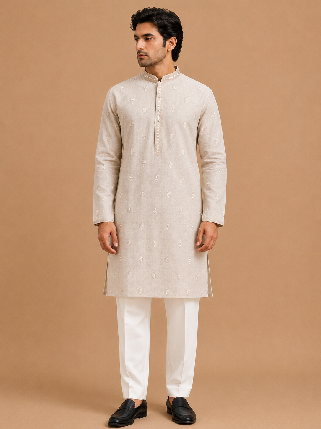 Men’s Beige Embroidered Kurta with White Trousers | Elegant Festive Ethnic Wear