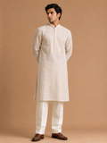 Men’s Cream Embroidered Kurta with White Trousers | Elegant Festive Ethnic Wear