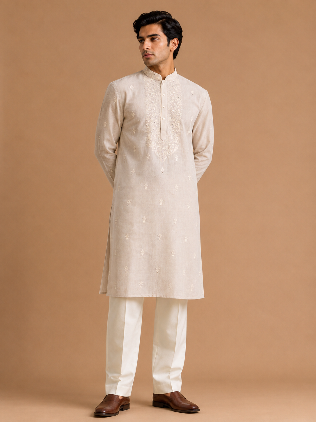 Men’s Cream Embroidered Kurta with White Trousers | Elegant Festive Ethnic Wear