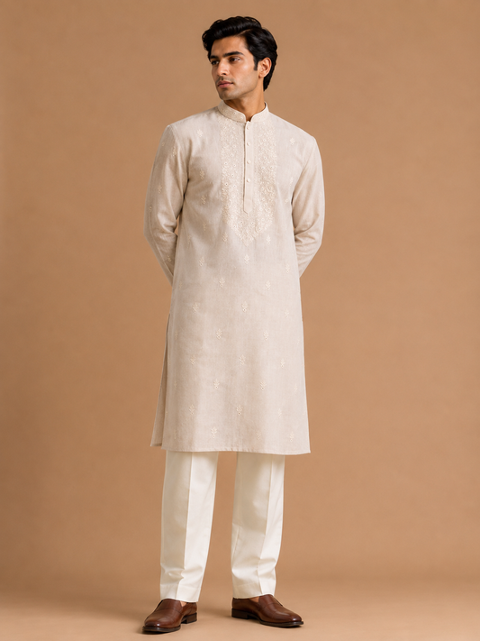 Men's cream embroidered kurta with white trousers style 2