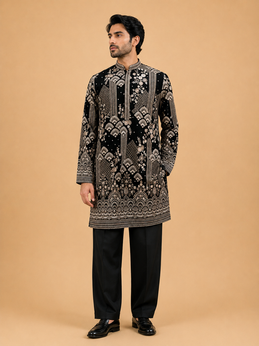 Men's black heavy embroidered kurta set