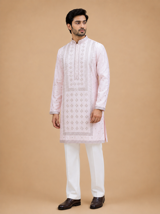 Men's pink embroidered kurta set