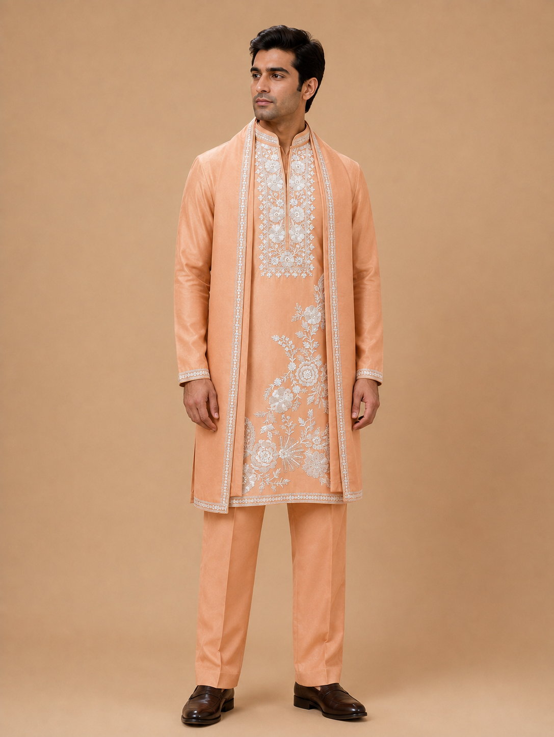 Men's Gold Embroidered Kurta Set with Open Jacket | Premium Designer Ethnic Wear for Wedding & Festive Occasions