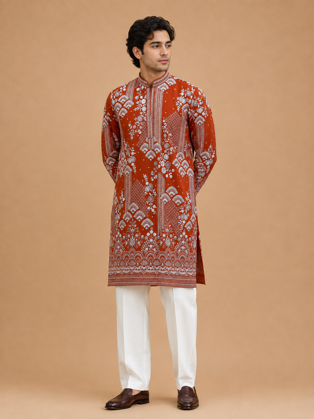 Men's Rust Embroidered Kurta Set | Premium Designer Ethnic Wear for Wedding, Festive & Traditional Occasions
