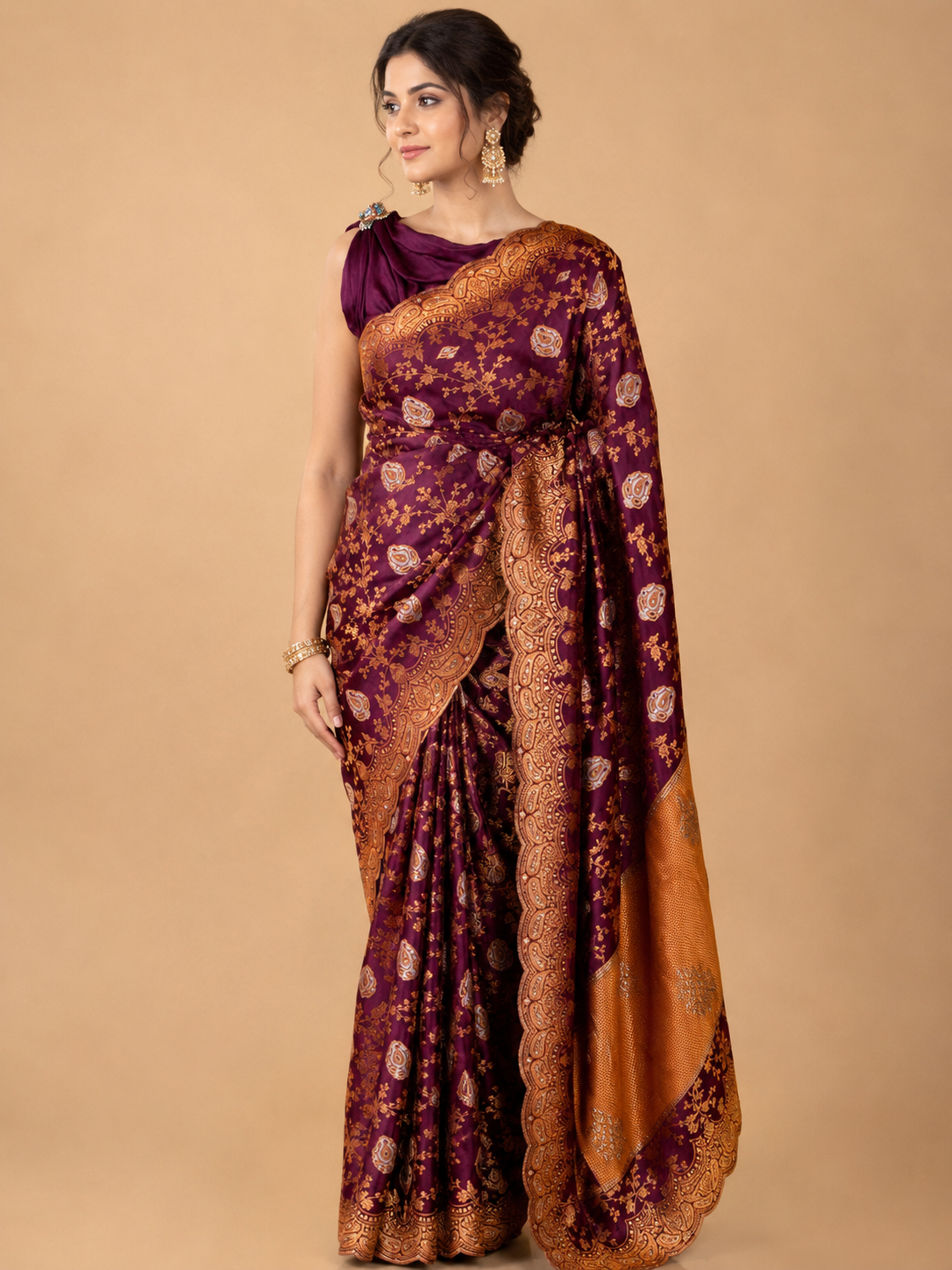 Women’s Purple Printed Saree with Ornate Gold Border | Festive & Wedding Wear