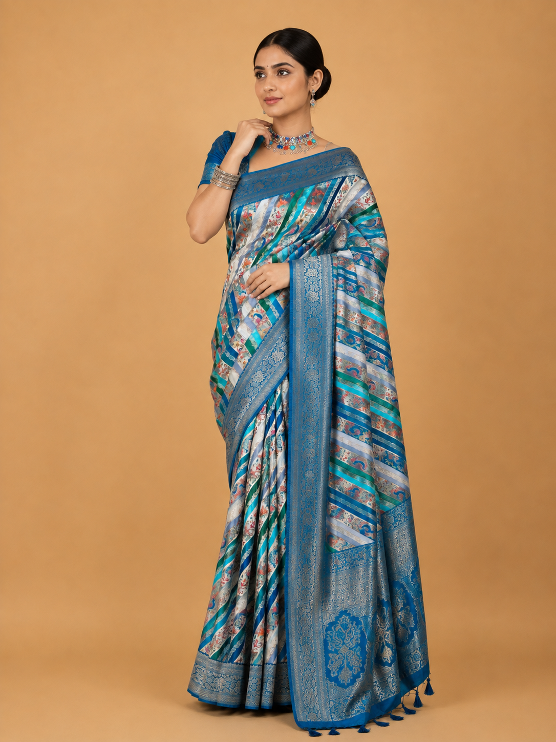 Women’s Green Silk Saree with Blue Multicolour Printed Border | Festive & Wedding Wear