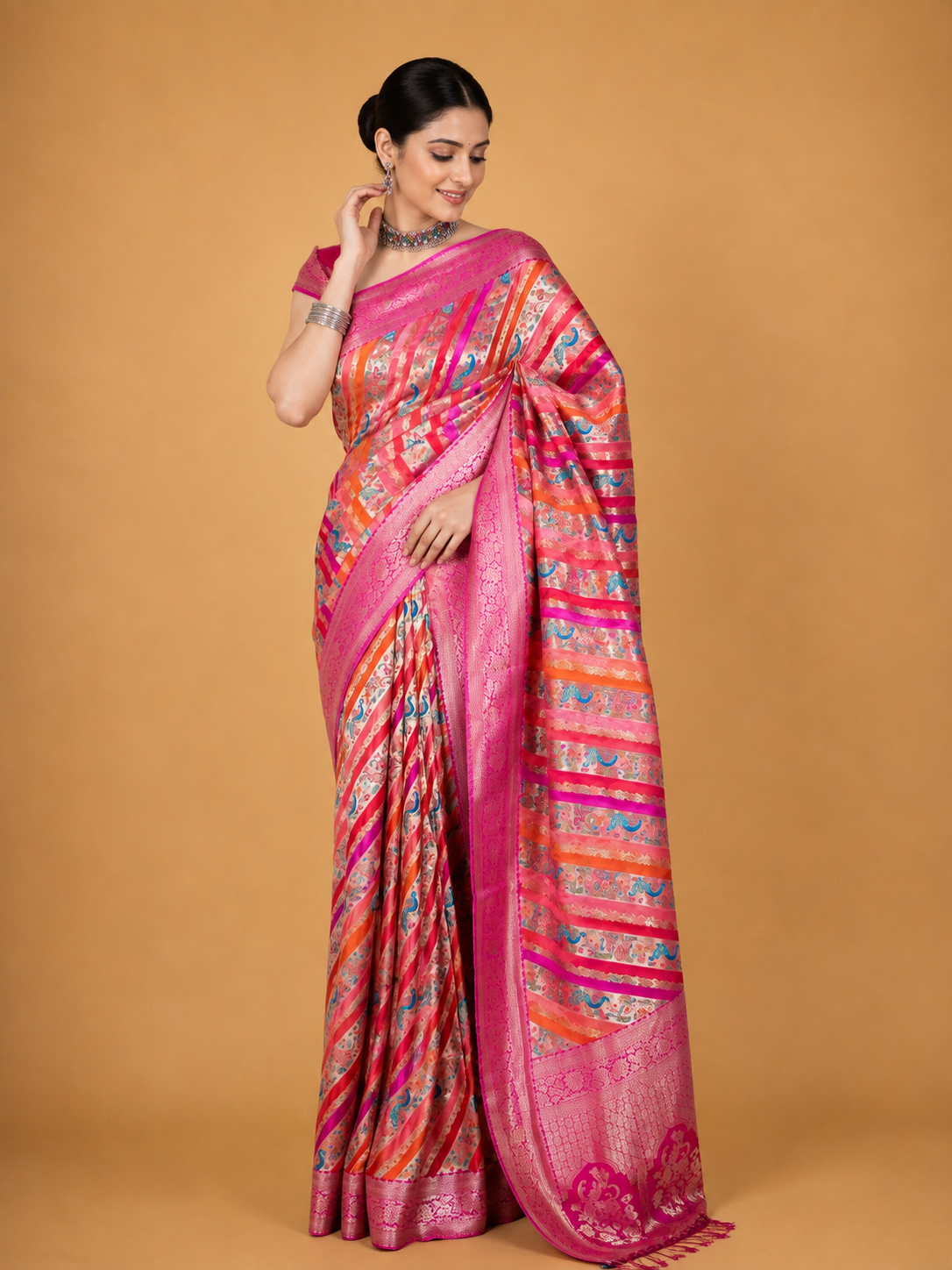 Women’s Pink Silk Saree with Multicolour Printed Stripes & Rich Woven Border | Festive Wear