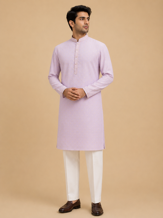 Men's pink embroidered kurta with white trousers