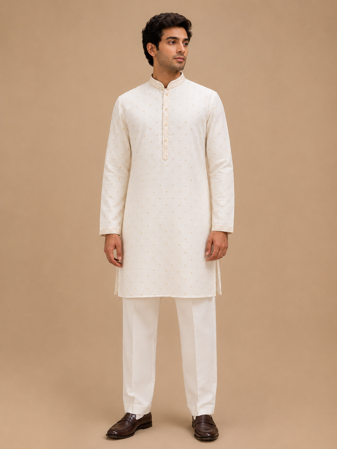 Men’s Cream Printed Kurta with White Trousers | Elegant Festive Ethnic Wear